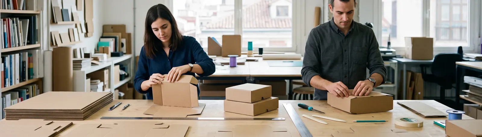 Equipo de Ahdis montando prototipos de estuches de carton