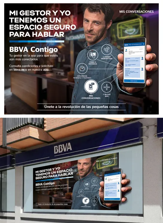 Campaña BBVA Contigo: cartel y escaparate de oficina
